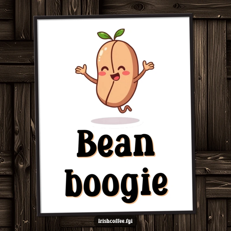 Funny digital art print of a coffee bean character doing a tiny, energetic dance, a lively printable.