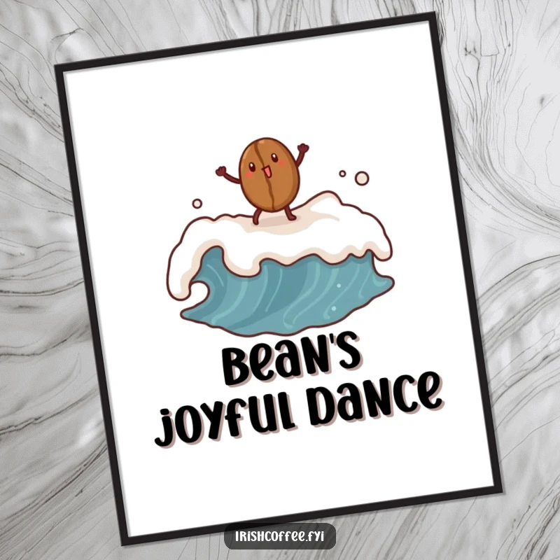 Funny coffee bean digital art featuring a dancing bean atop a frothy wave, vibrant and humorous for instant download.