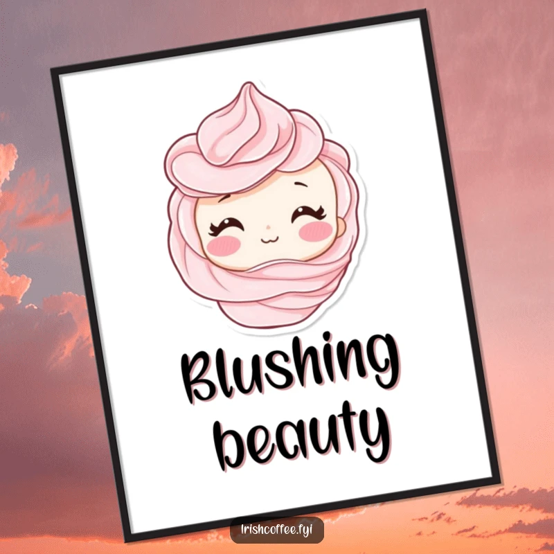 Funny digital art print of a shy whipped cream swirl character blushing, offering instant adorable sweetness for decor.
