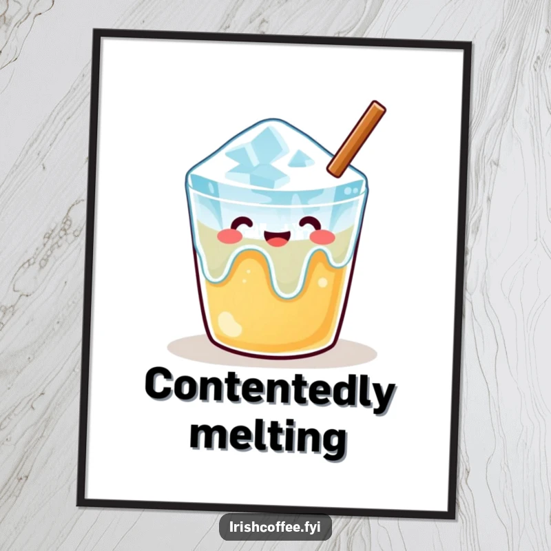 Funny digital art print of a content melting ice cube in a warm drink, offering instant peace and relaxation for any wall.