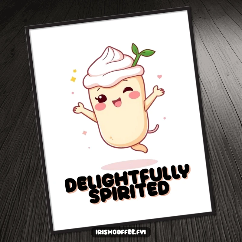 Funny digital art print of a cream liqueur character dancing with uninhibited delight, adding festive and humorous decor.