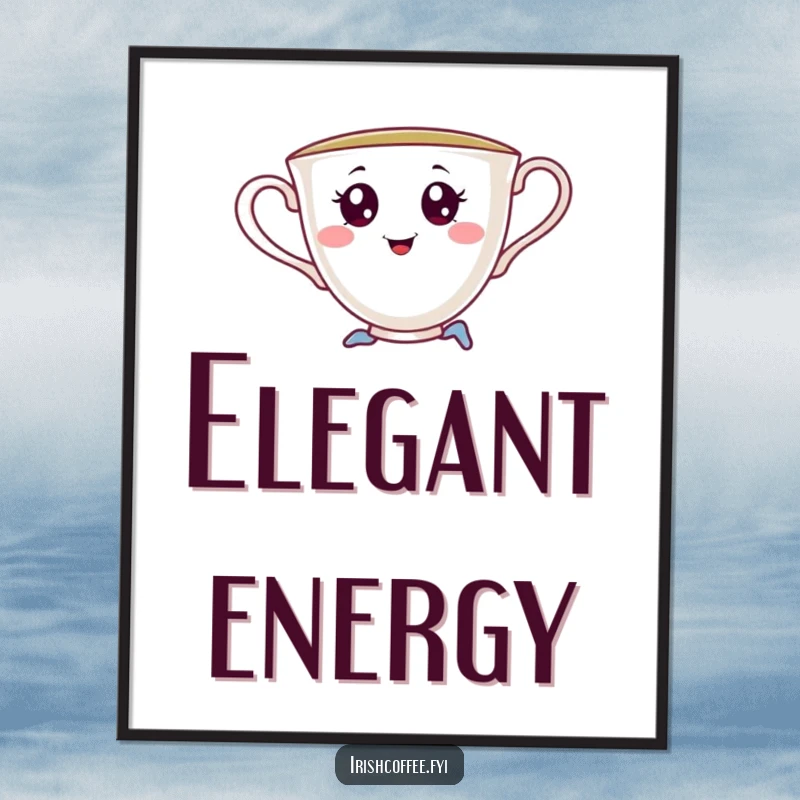 Funny digital art print of a cheerful teacup with saucy eyes, captured in a playful pirouette, ready to adorn walls with humor.