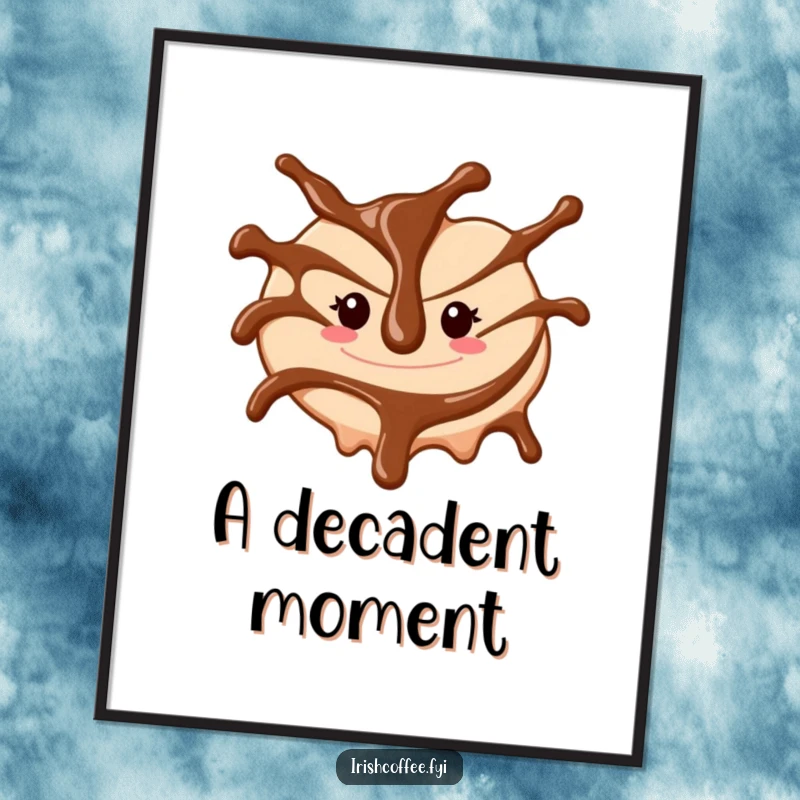 Funny digital art print of a cheerful chocolate sauce drizzle swirling, wall decor that delivers instant dessert humor.