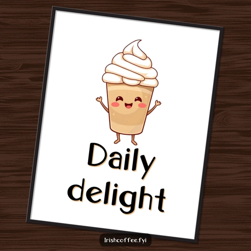 Funny Digital Art Print of a happy coffee cup with a whipped cream hat dancing joyfully, embodying pure caffeine-fueled fun and celebration.