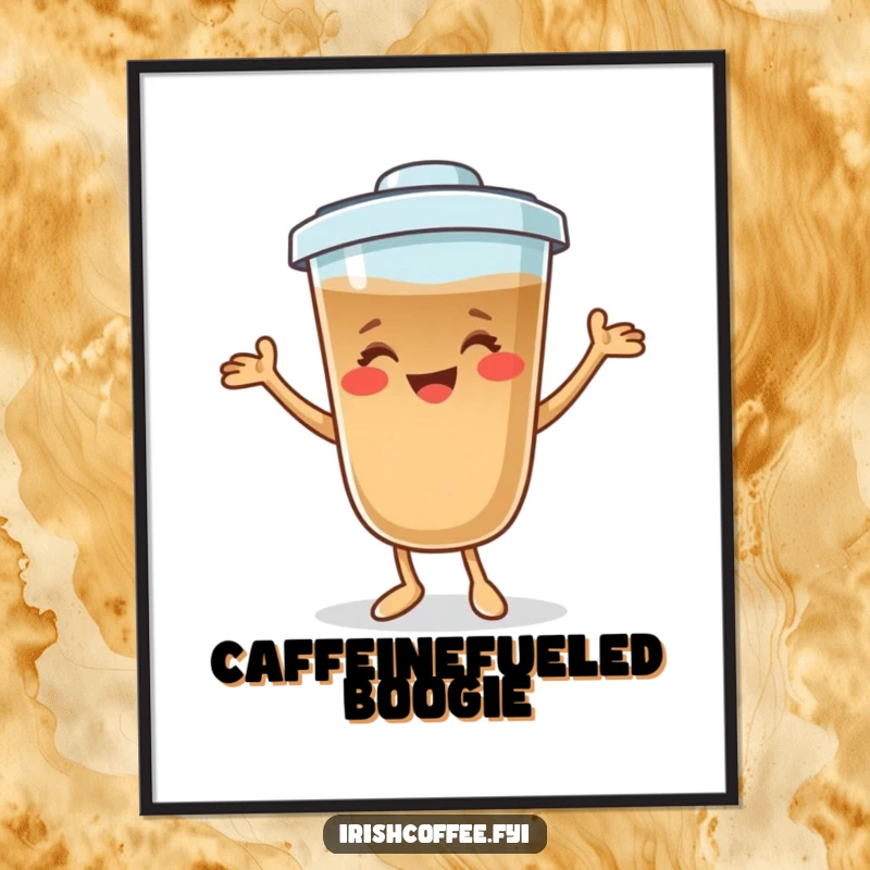 Funny coffee character digital art print smiling and dancing playfully, offering instant humor and energetic vibes.