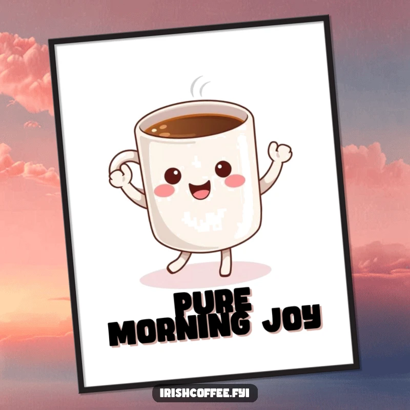 Funny digital art print of a cheerful coffee mug character doing a happy dance, perfect for vibrant and humorous wall decor.