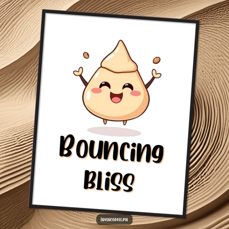 Funny digital art print of a coffee liquor dollop happily bouncing with a joyful expression.