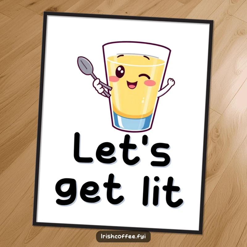 Funny digital art of a giggling shot glass character winking and holding a tiny spoon, ready for printing or digital display.