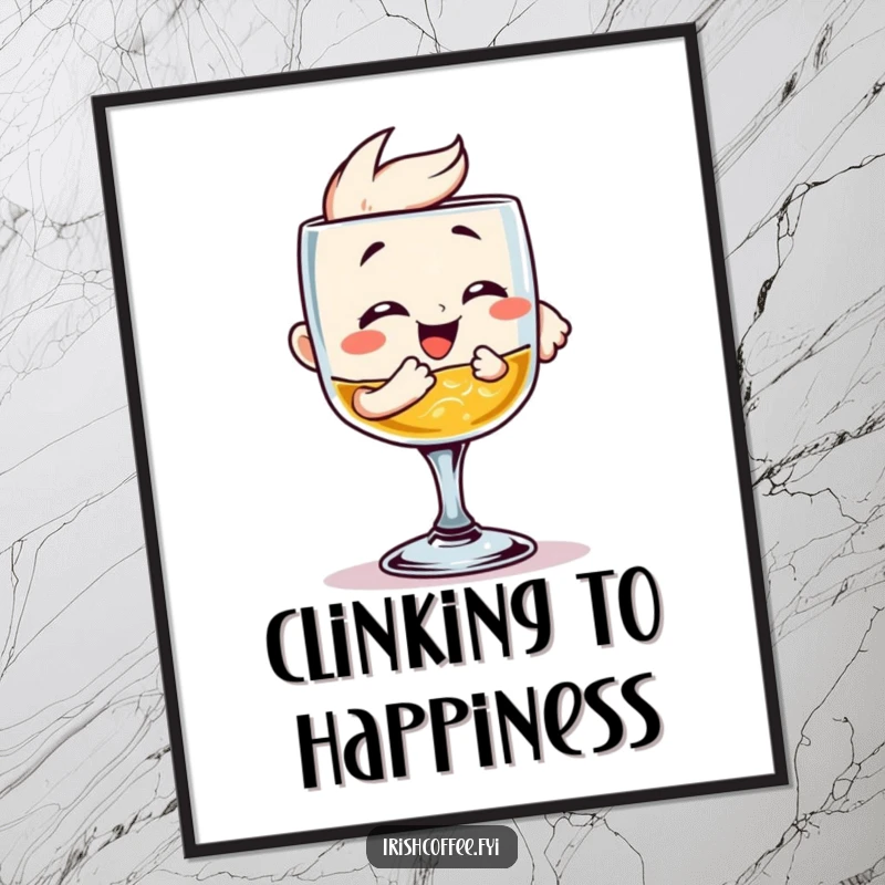Funny Digital Art Print: A giggling whiskey glass clinking with excitement, radiating joy and celebration. Instantly downloadable humor for your walls.