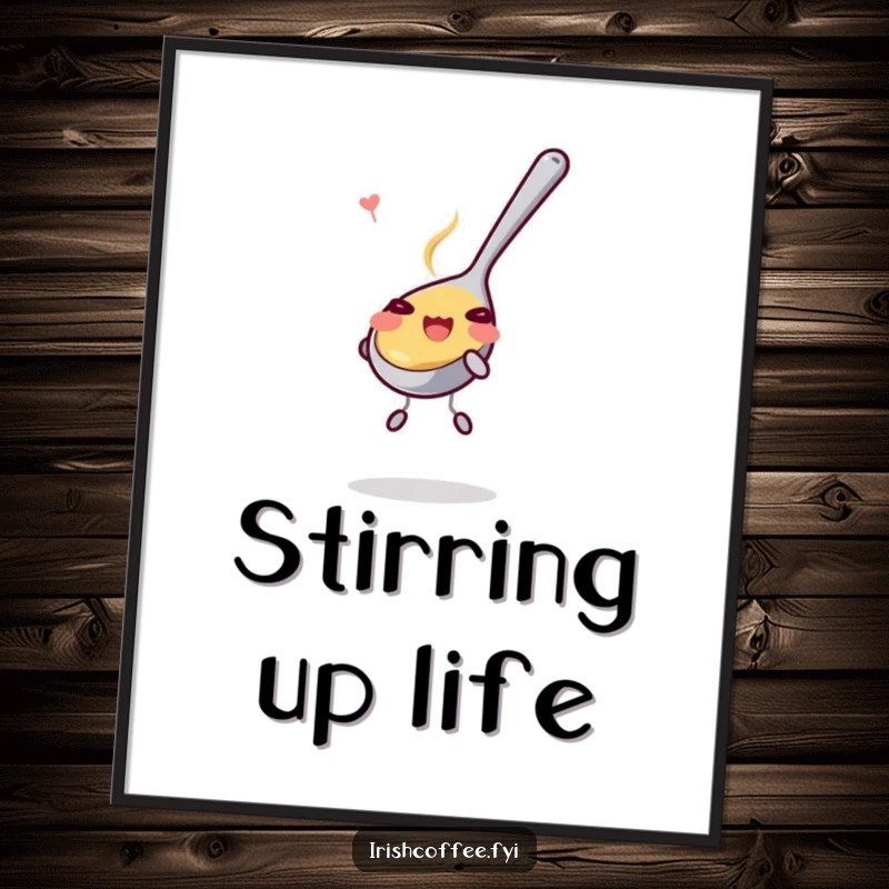 Funny Digital Art Print: A happy teaspoon stirring enthusiastically, conveying pure joy and playful energy. Instantly downloadable humor for your walls.