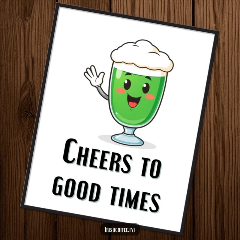 Funny digital artwork of a smiling Irish coffee glass character waving, ready to be printed or displayed digitally for a cheerful vibe.