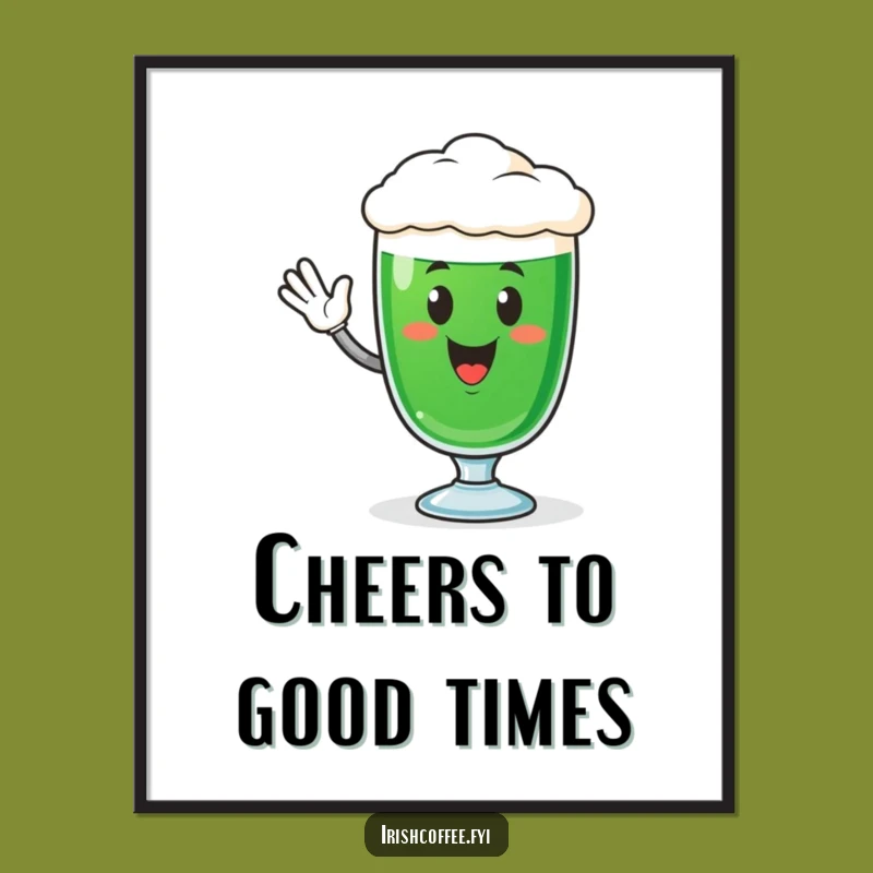Funny Irish Coffee Glass Digital Art - Cheerful Waving Character, Instant Gift