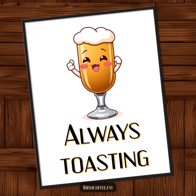 Funny digital art print of a beaming Irish coffee glass raising a toast, full of festive cheer.
