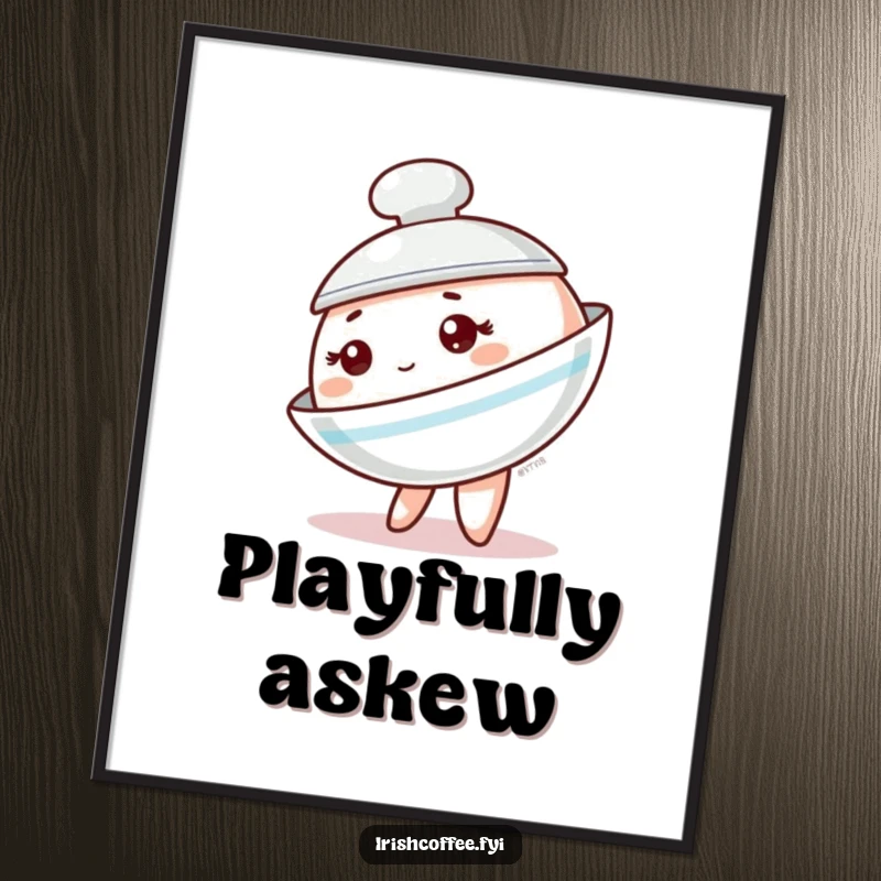 Funny digital art print of a saucer character playfully tipping to the side with a mischievous charm, adding quirky decor.