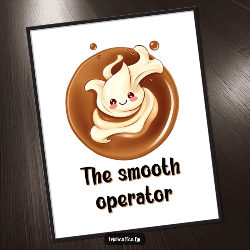 Funny digital art print of a smiling cream splash gracefully twirling in coffee, offering instant elegant charm for any wall.