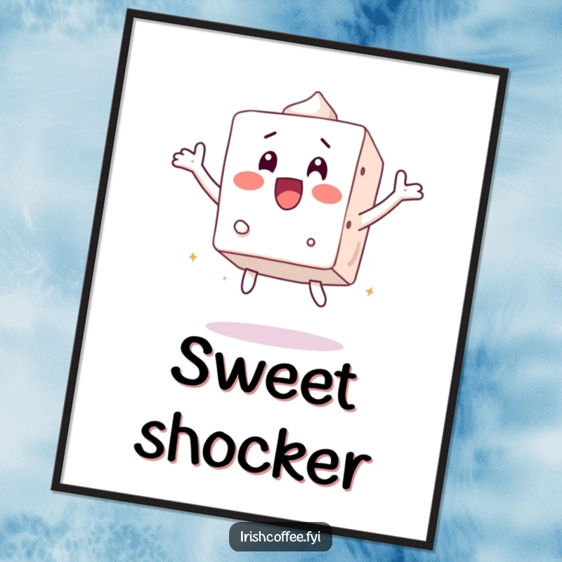 Funny digital art print of a surprised sugar cube character jumping, offering instant playful energy and humor.