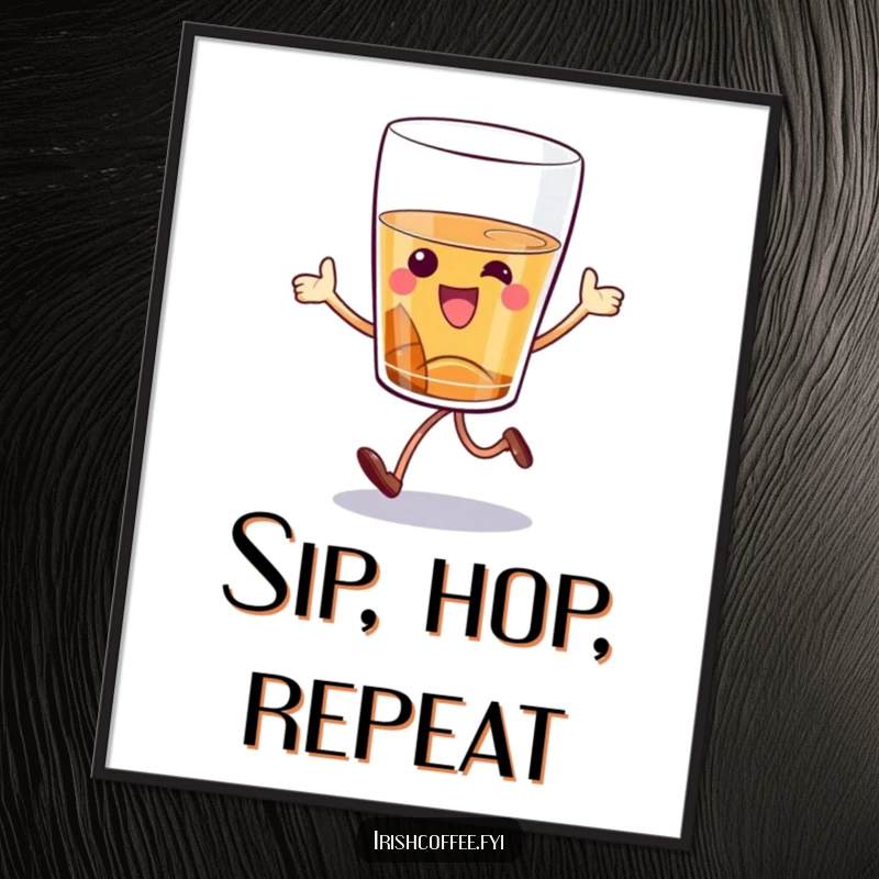 Funny whiskey glass digital art print of a cartoon character hopping joyfully, offering instant humor and a spirited vibe.