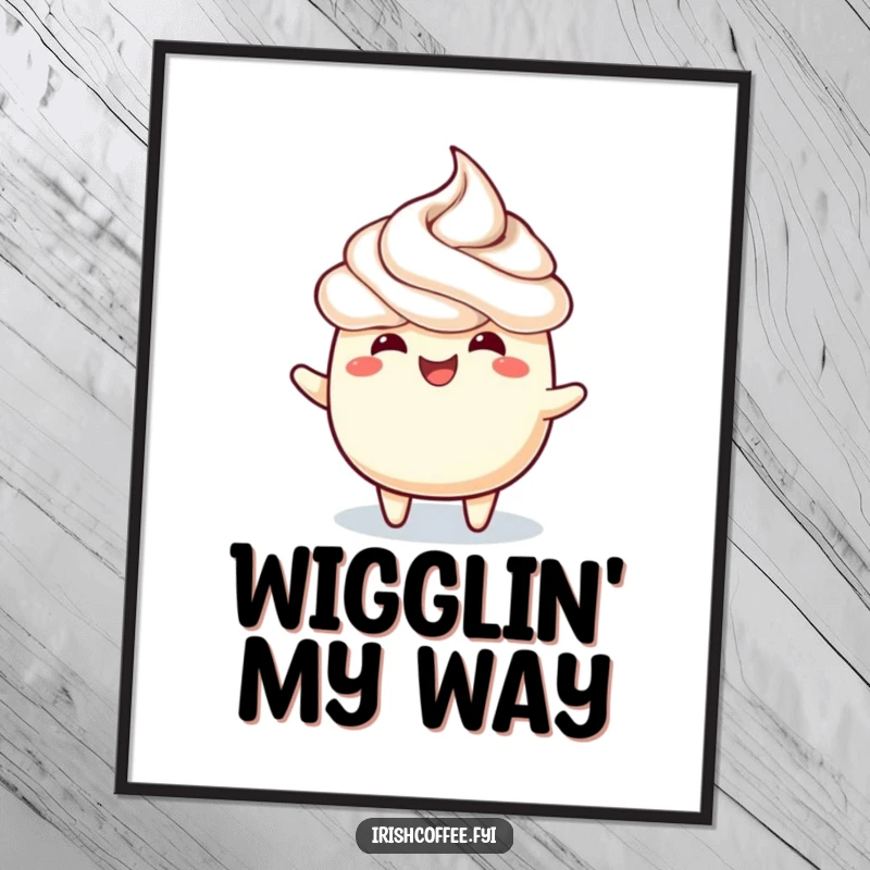 Funny digital art print of a frothy topping doing a joyful wiggle, vibrant and full of happiness.