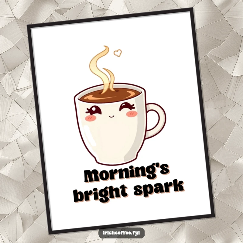 Funny digital art print of a steaming coffee mug winking, wall decor that delivers instant coffee humor.