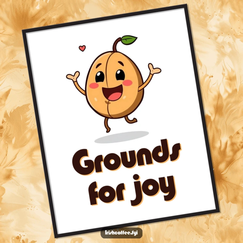Funny Digital Art Print of a joyful coffee bean doing a happy jig, perfect for bringing energetic cheer to any screen.