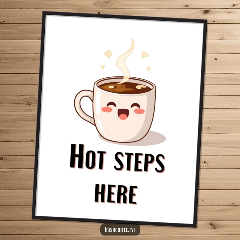 Funny Digital Art Print of a delighted coffee mug with steam doing a happy dance, perfect for bringing energetic cheer to any screen.