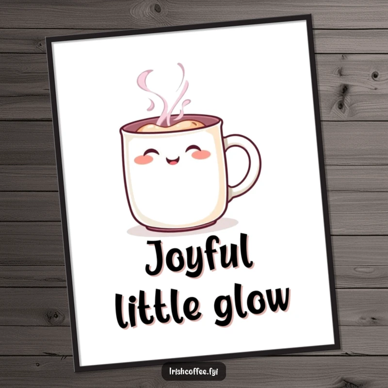 Funny steaming mug character digital art print, showing a cheerful rosy blush, adding warmth and humor to digital displays, superb funny gift.