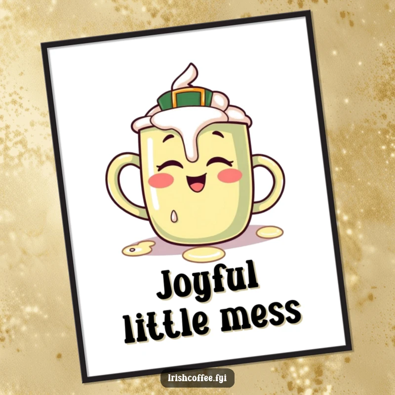 Funny digital art print of a giggling Irish coffee mug character spilling cream, an energetic and humorous instant decoration.