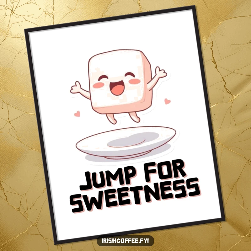 Funny digital art print of a sugar cube character excitedly jumping on a saucer, a sweet printable.