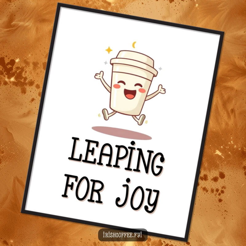 Funny digital art print of a beaming character coffee cup in a joyful jump, for instant energetic and humorous decor.