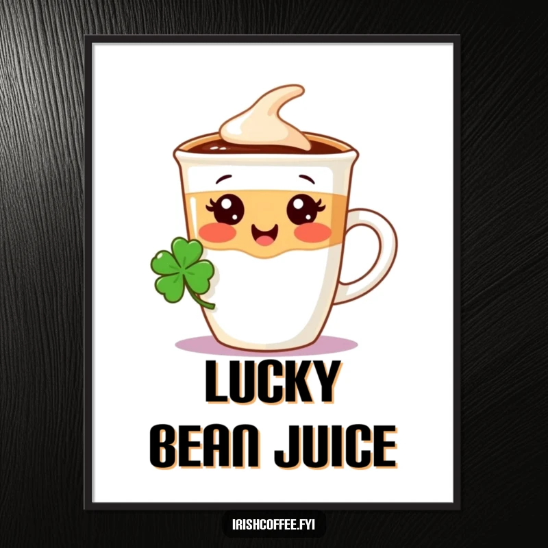 Funny digital artwork of a happy coffee cup character wearing a tiny shamrock, perfect for St. Paddy’s or any lucky occasion.