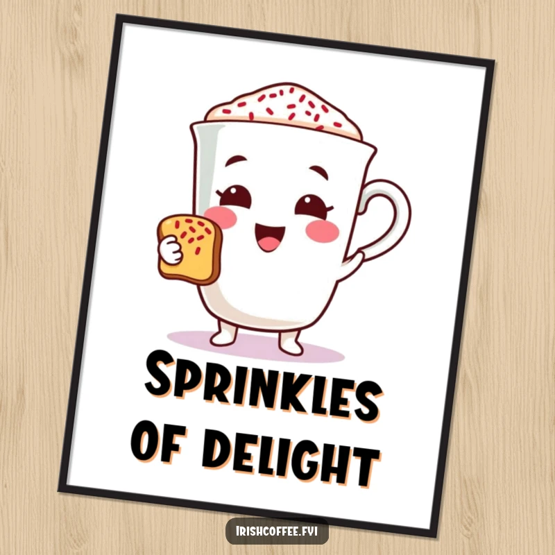 Funny coffee character digital art print cheerfully offering a toast with sprinkles, offering instant humor and a celebratory vibe.