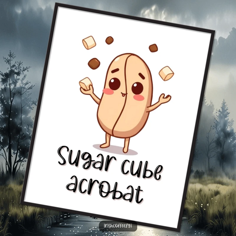 Funny digital art print of a curious coffee bean character juggling sugar cubes, a whimsical and sweet addition to any digital space.