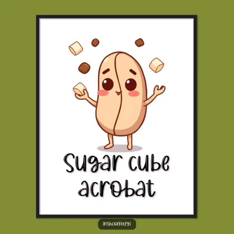 Funny Coffee Bean Digital Art: Curious Character Juggles Sugar Cubes, Instant Funny Gift!