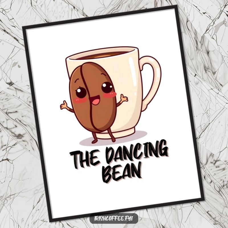 Funny digital art print of a coffee bean character doing a happy dance, bringing instant energy and joy to any wall.