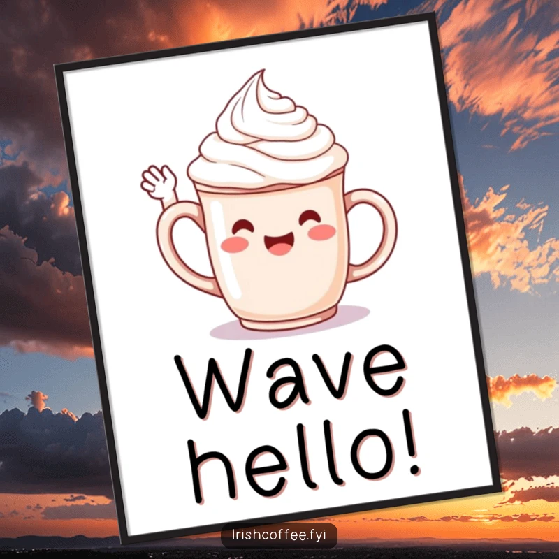 Funny digital art print of a jubilant whipped cream character on a mug, cheerfully waving hello, ready to be printed.