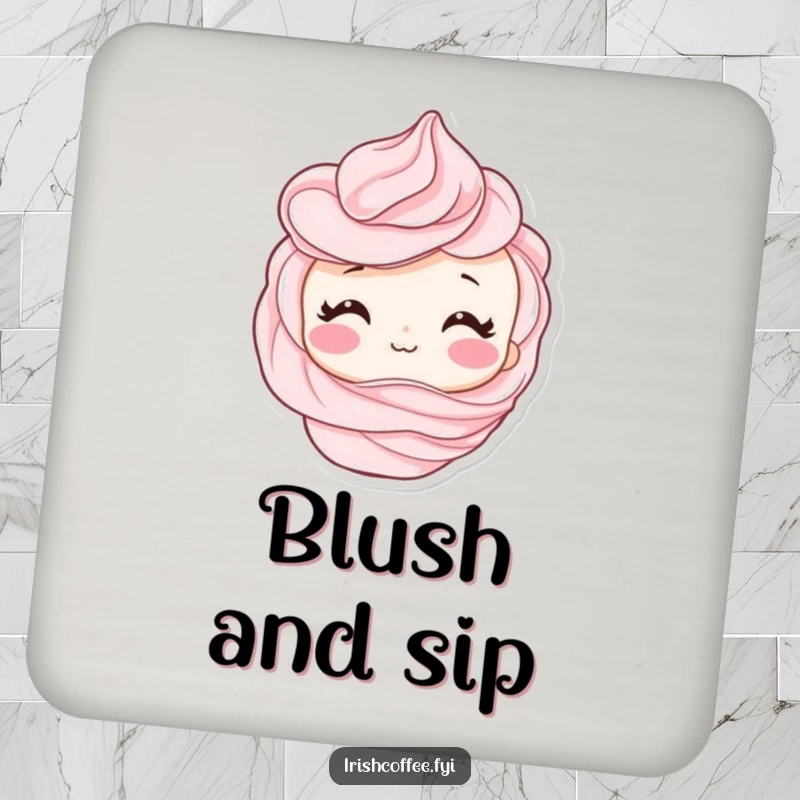 Funny drink coaster with a shy whipped cream swirl character blushing, protecting surfaces with adorable sweetness.
