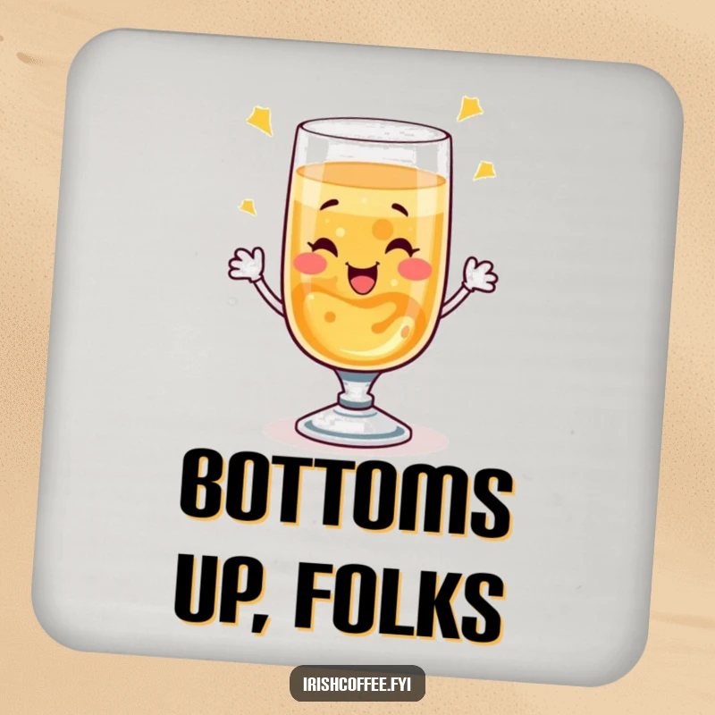 Funny drink coaster with a winking whiskey glass performing a bubbly toast, protecting surfaces with a humorous touch.
