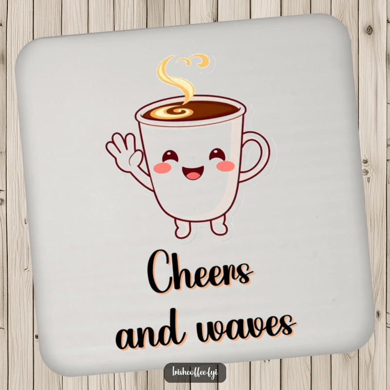 Funny smiling coffee cup character waving a happy greeting, absorbent drink coaster.