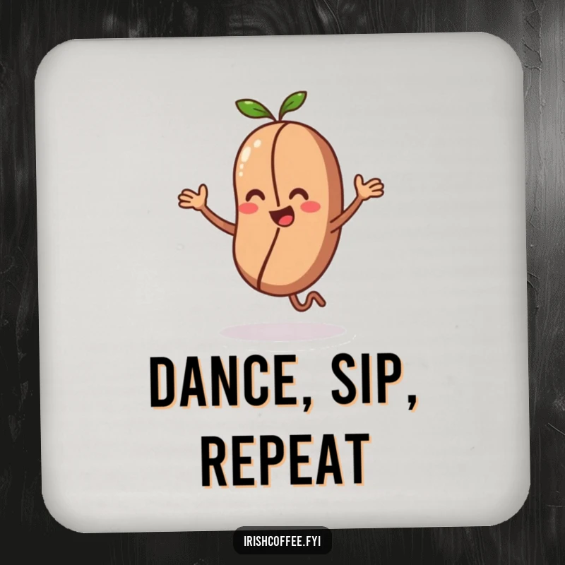 Funny drink coaster showing a coffee bean character doing an energetic dance, a lively and humorous item.