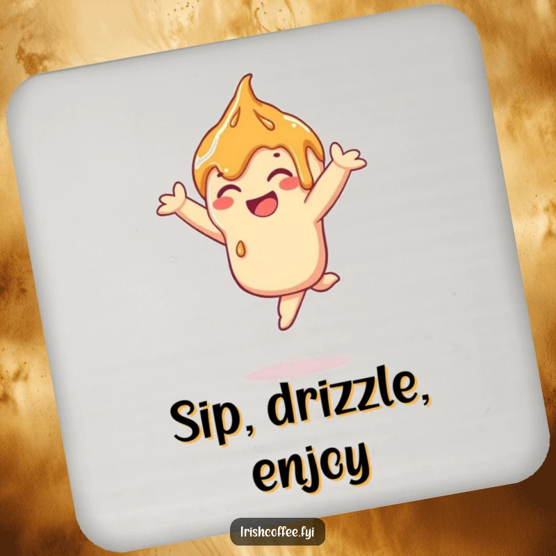 Funny caramel drizzle coaster showing a happy drizzle doing a playful leap, a cute and humorous drink accessory.