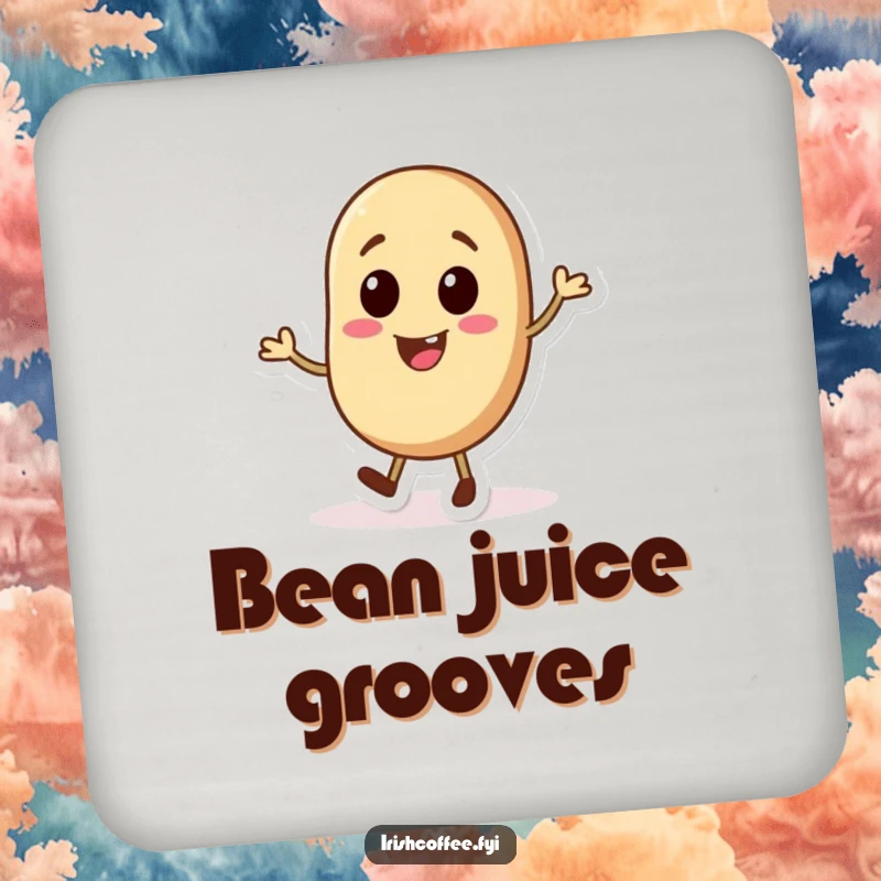 Funny drink coaster featuring a cheerful coffee bean character in a tap dancing pose, protecting surfaces with humor.