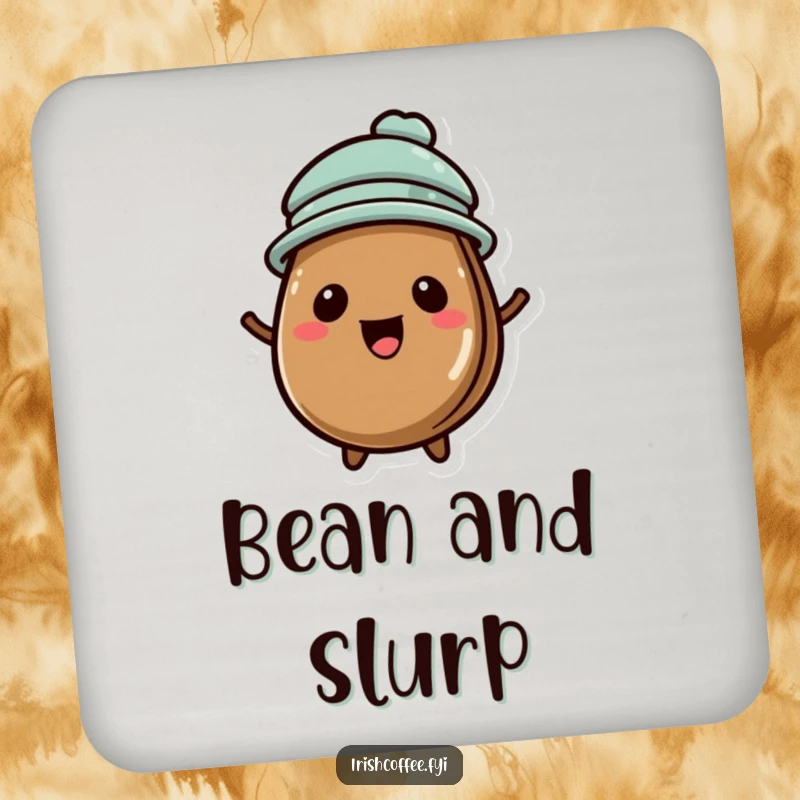Funny drink coasters with a happy coffee bean wearing a tiny hat, protecting your surfaces.