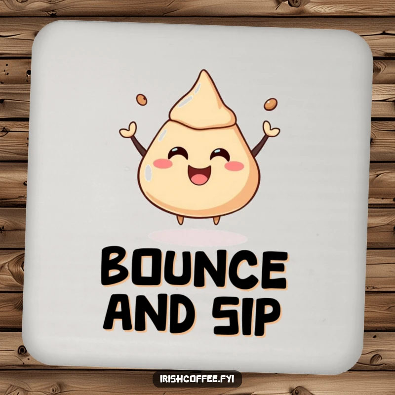 Funny drink coasters with a happy coffee liquor dollop bouncing, protecting your surfaces.
