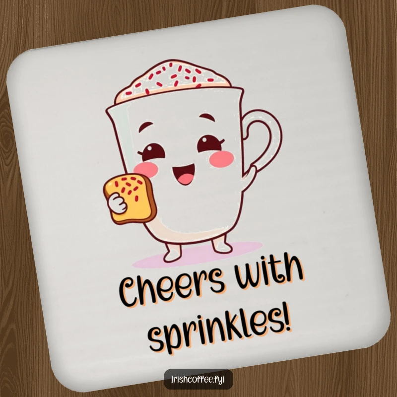 Funny coffee character coaster cheerfully offering a toast with sprinkles, protecting surfaces with a touch of humorous celebration.
