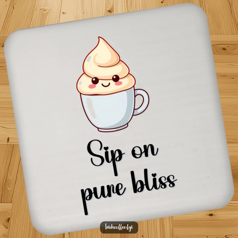 Funny drink coaster featuring a smiling cream dollop character with a playful swirl, adding whimsical protection.