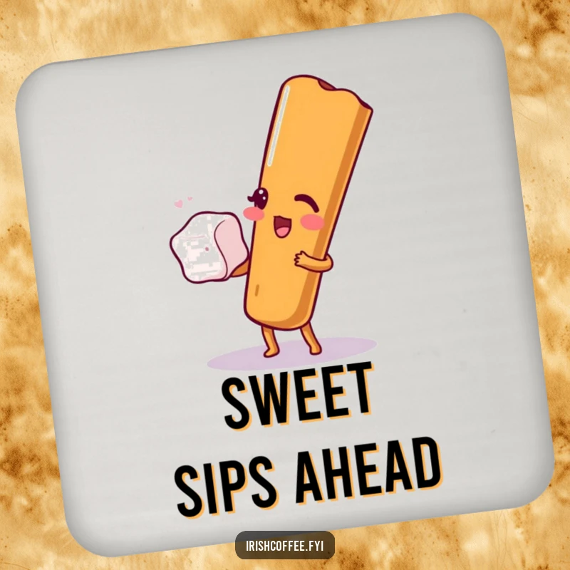 Funny drink coasters showcasing a cinnamon stick winking and balancing a sugar cube, designed for surface protection with spice.