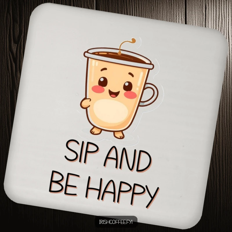 Funny happy coffee cup character with a welcoming smile, absorbent drink coaster.