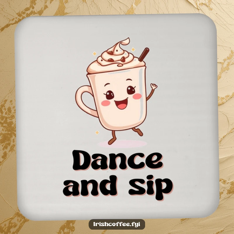 Funny drink coasters with a happy hot chocolate mug dancing, protecting your surfaces.
