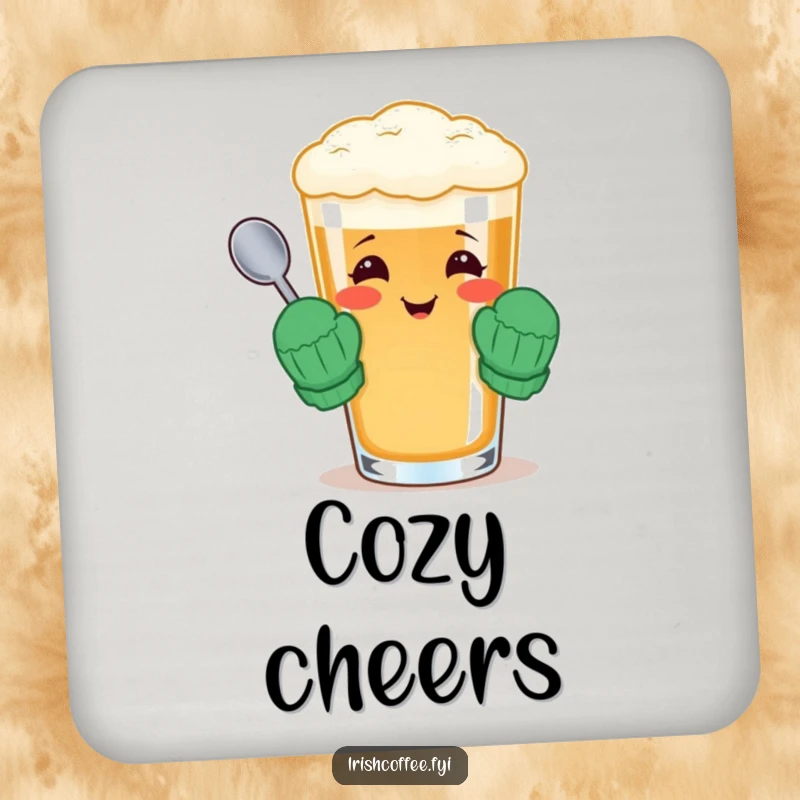 Funny drink coaster with a cheerful Irish coffee glass wearing tiny mittens and holding a spoon.
