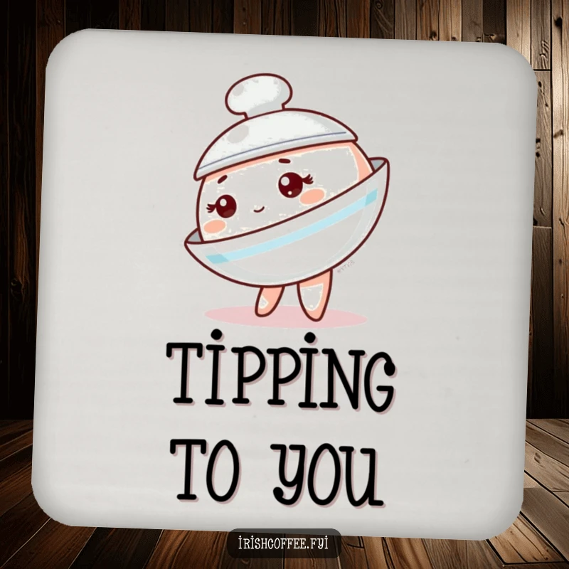 Funny saucer coaster showing a charming tableware character playfully tipping sideways, adding whimsical charm while protecting surfaces.